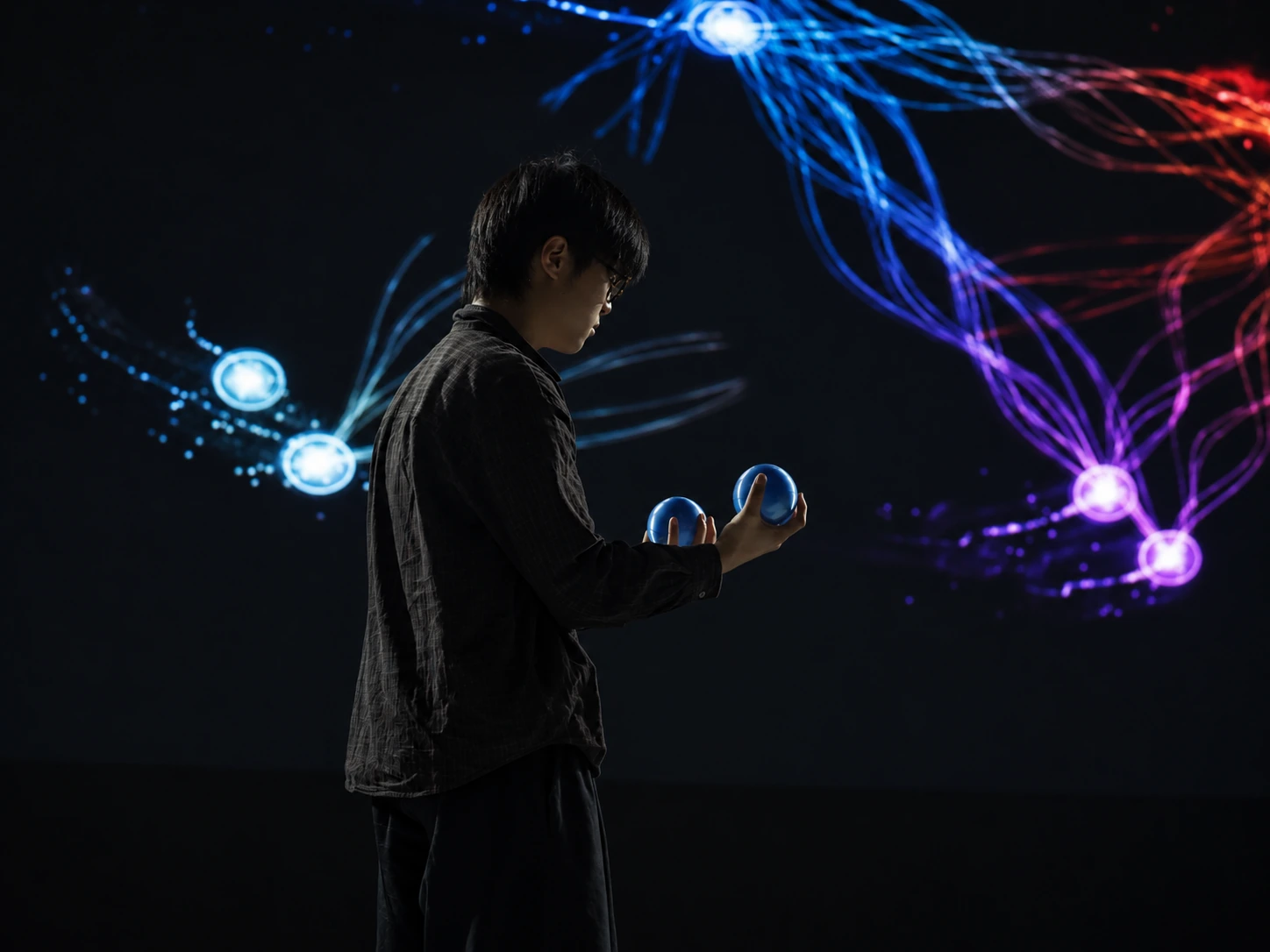 Performer holding a ball amid colored trajectories
