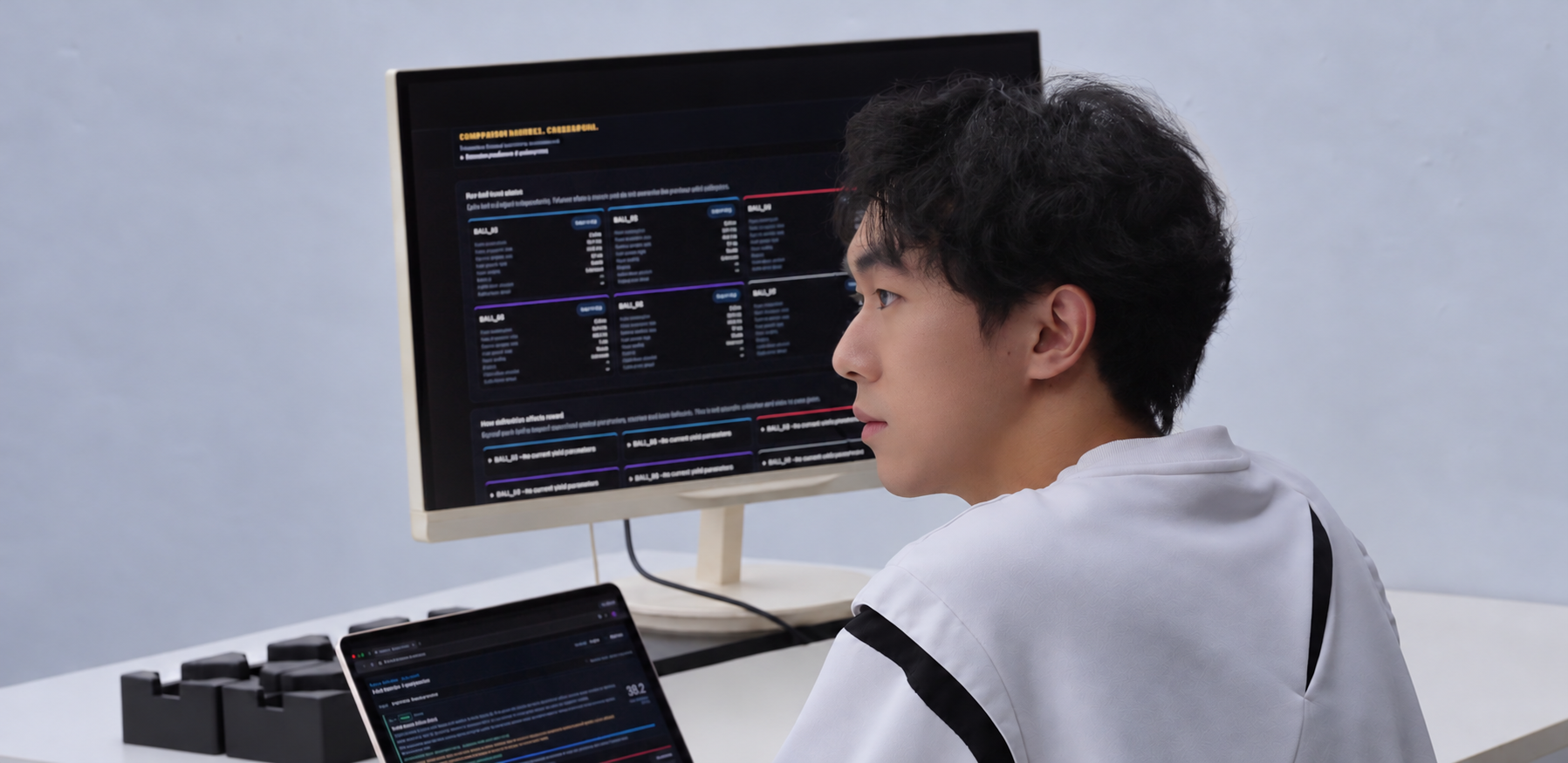 Tian Li at a desk with a monitor and laptop