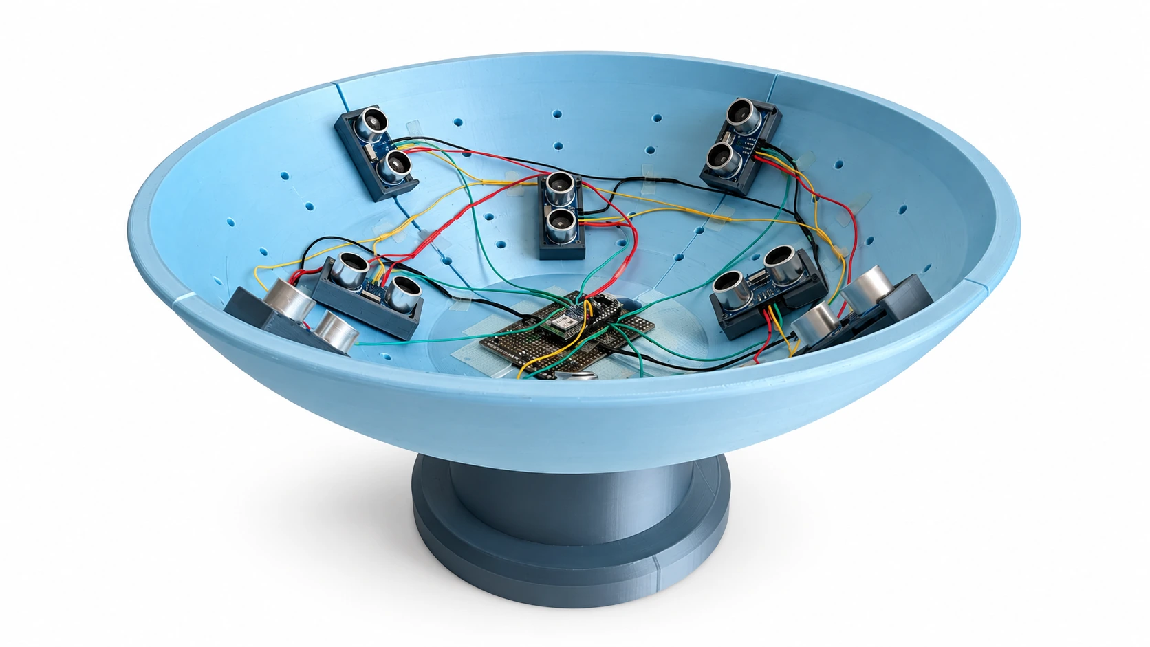 An open blue bowl containing eight ultrasonic sensors and circuitry